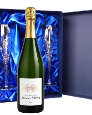 Baron De Villeboerg Brut Champagne 75cl And Royal Scot Glasses Blue Gift Box Set