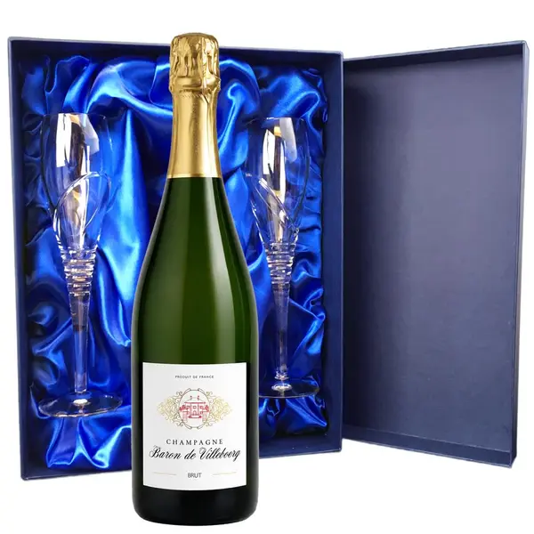 Baron De Villeboerg Brut Champagne 75cl And Royal Scot Glasses Blue Gift Box Set