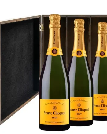 Veuve Clicquot Brut Yellow Label Champagne 75cl Three Bottle Luxury Elm Wood Gift Box