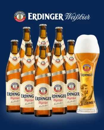 Erdinger Weissbier 500ml Bottles (8 Pack) with FREE Thomas Müller Legends Football Glass – German Wheat Beer 5.3% ABV