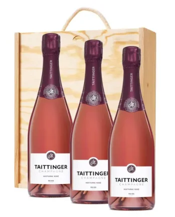 3 x Taittinger Nocturne Rose Sec Champagne 75cl In A Pine Wooden Gift Box