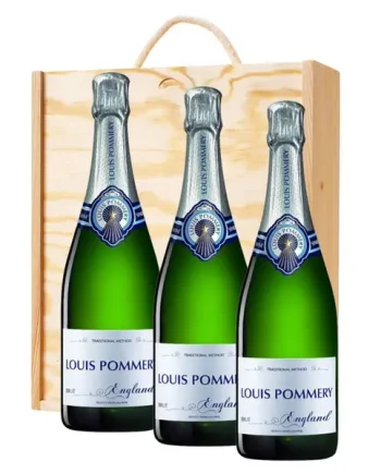 3 x Louis Pommery 75cl Brut England In A Pine Wooden Gift Box