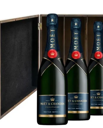 Moet & Chandon Nectar Demi Sec Champagne 75cl Three Bottle Luxury Elm Wood Gift Box