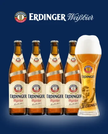 Erdinger Weissbier 500ml Bottles (4 Pack) with FREE Thomas Müller Legends Football Glass – German Wheat Beer 5.3% ABV
