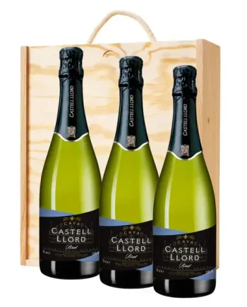 3 x Castell Llord Brut Cava 75cl In A Pine Wooden Gift Box