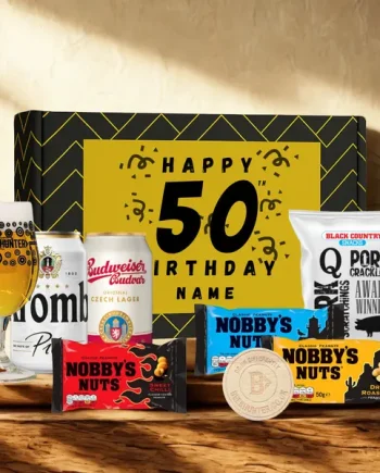 Personalised 50th Birthday Beer Gift Set – Craft Beer Selection with Glass & Snacks (2 Pack)