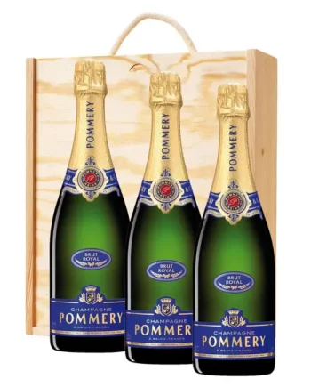 3 x Pommery Brut Royal Champagne 75cl In A Pine Wooden Gift Box