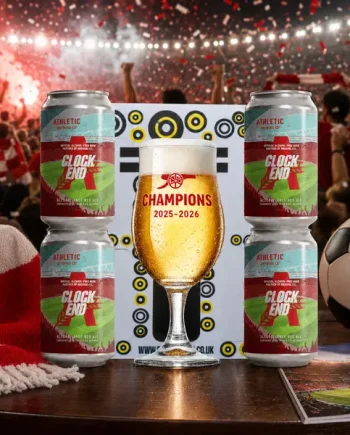 Athletic Brewing Arsenal Clock End Beer Gift Set with Limited Edition Glass (4 Pack) - 0.5% ABV