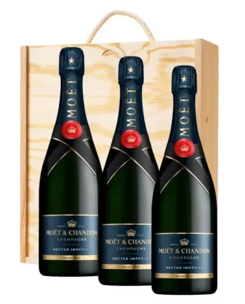 3 x Moet & Chandon Nectar Demi Sec Champagne 75cl In A Pine Wooden Gift Box