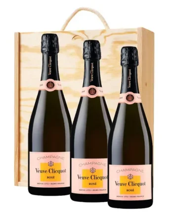 3 x Veuve Clicquot Rose Champagne 75cl In A Pine Wooden Gift Box