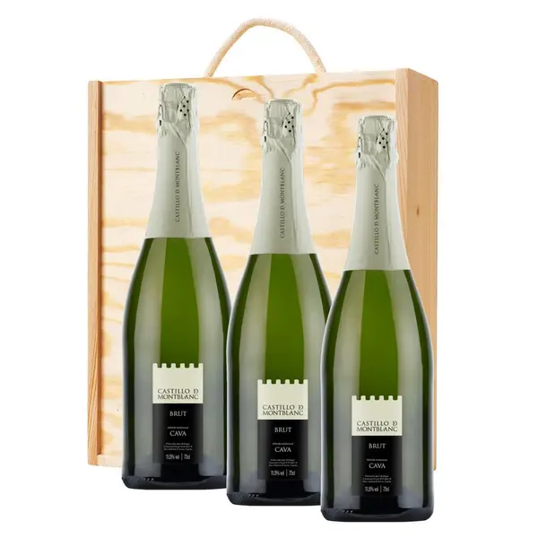 3 x Castillo de Mont-Blanc Cava 75cl In A Pine Wooden Gift Box
