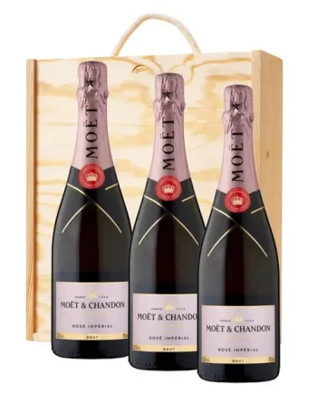 3 x Moet & Chandon Rose Champagne 75cl In A Pine Wooden Gift Box