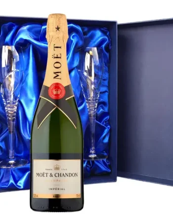 Moet And Chandon Brut Champagne 75cl And Royal Scot Glasses Blue Gift Box Set