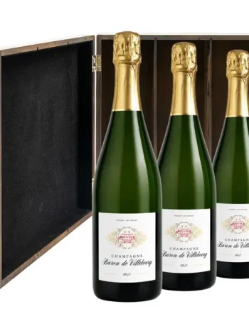 Baron De Villeboerg Brut Champagne 75cl Three Bottle Luxury Elm Wood Gift Box