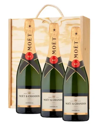 3 x Moet And Chandon Brut Champagne 75cl In A Pine Wooden Gift Box