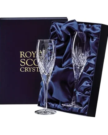 2 Royal Scot Crystal Champagne Flutes - Highland - PRESENTATION BOXED