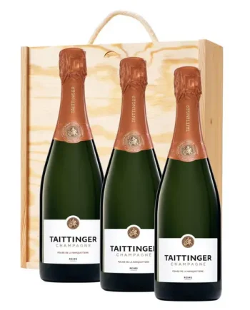 3 x Taittinger Les Folies de la Marquetterie Champagne 75cl In A Pine Wooden Gift Box