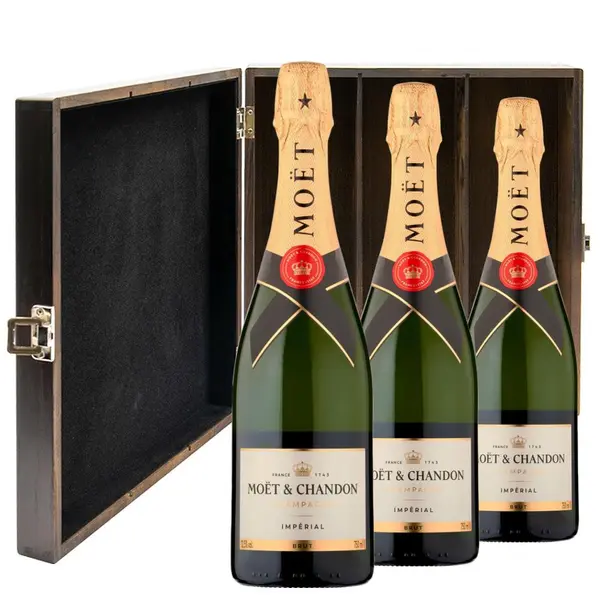 Moet And Chandon Brut Champagne 75cl Three Bottle Luxury Elm Wood Gift Box