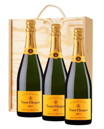 3 x Veuve Clicquot Brut Yellow Label Champagne 75cl In A Pine Wooden Gift Box