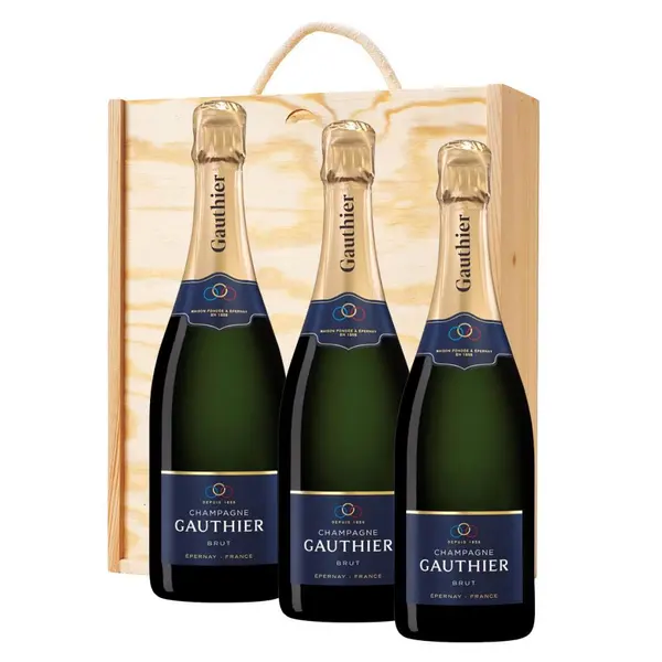 3 x Gauthier Brut Champagne 75cl In A Pine Wooden Gift Box