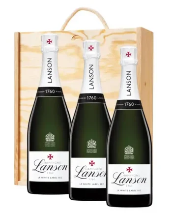 3 x Lanson Le White Label Sec Champagne 75cl In A Pine Wooden Gift Box
