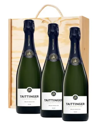 3 x Taittinger Prelude Grands Crus Champagne 75cl In A Pine Wooden Gift Box